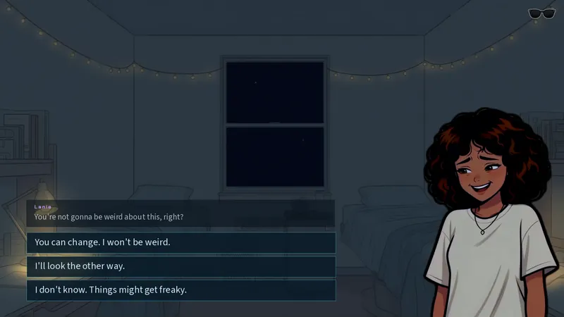 Lanie in the dorm room at night
