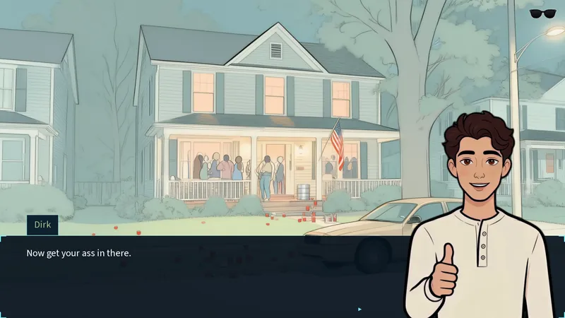 Dirk outside the party house